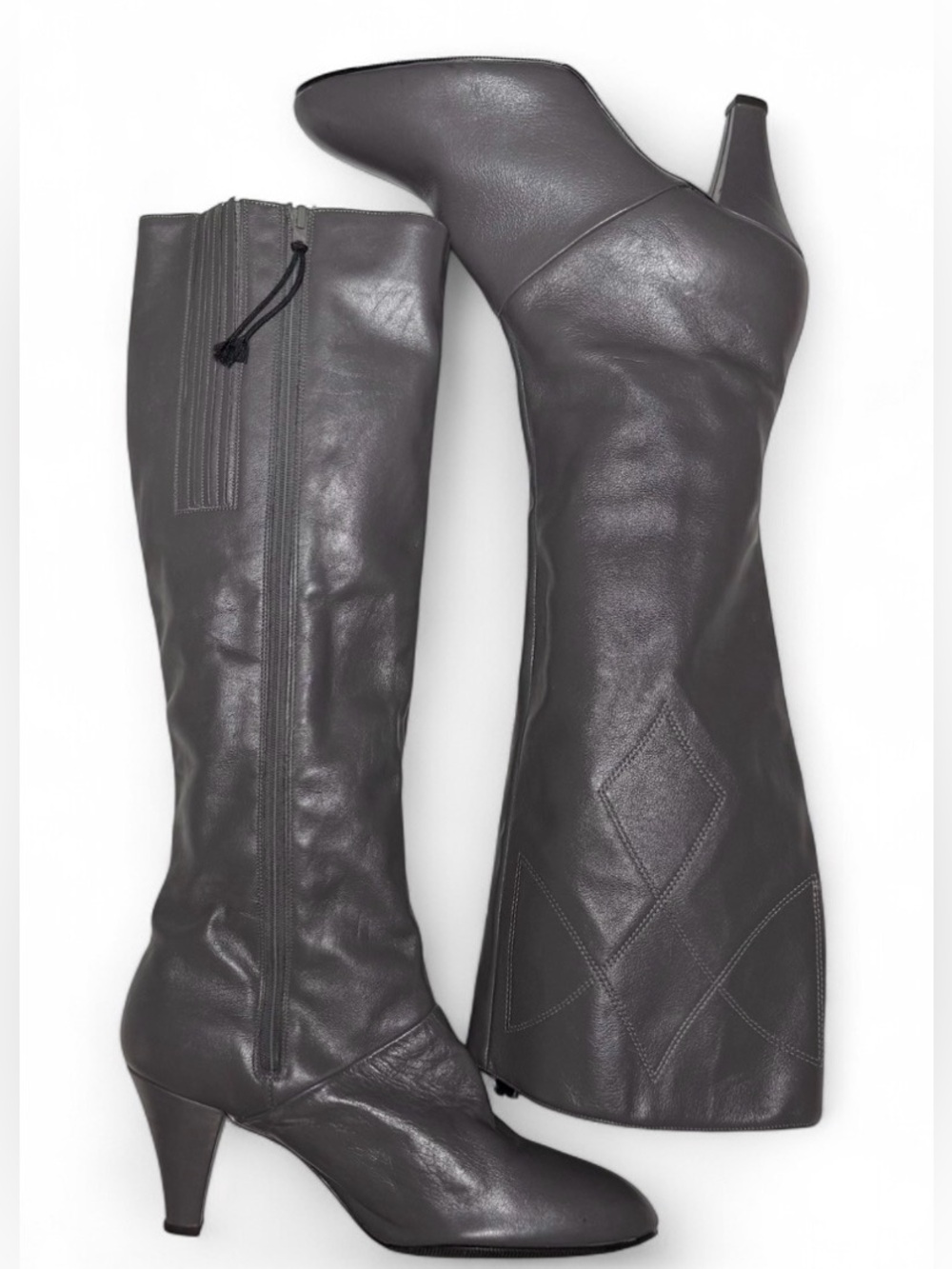 VTG Cobbies Gray Leather Knee High Boots Side Zip Cone Heel Stitch Detail Size 9